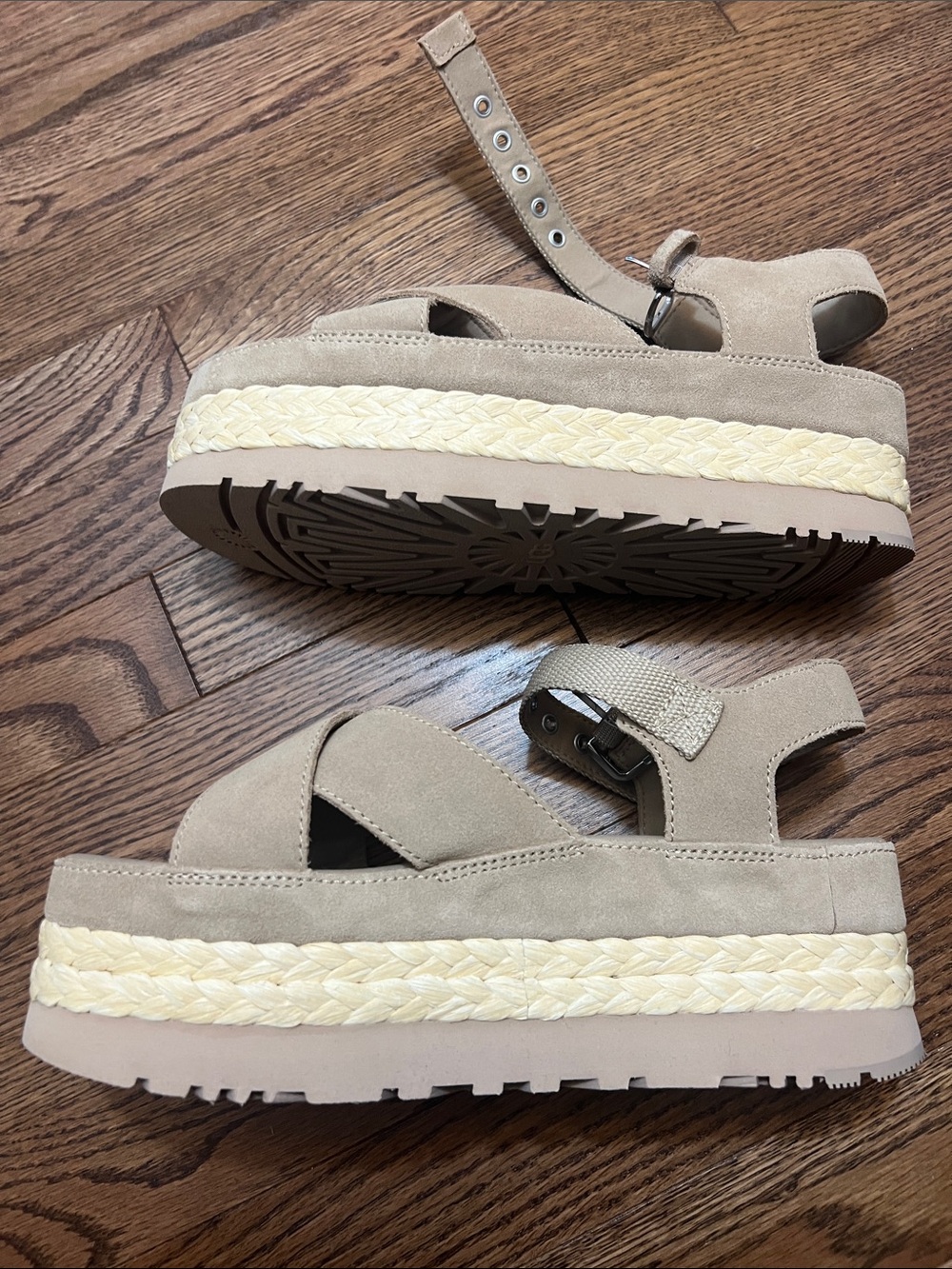 UGG Aubrey Tan Suede Platform Espadrille Sandals with Braided Midsole. - Picture 5 of 8